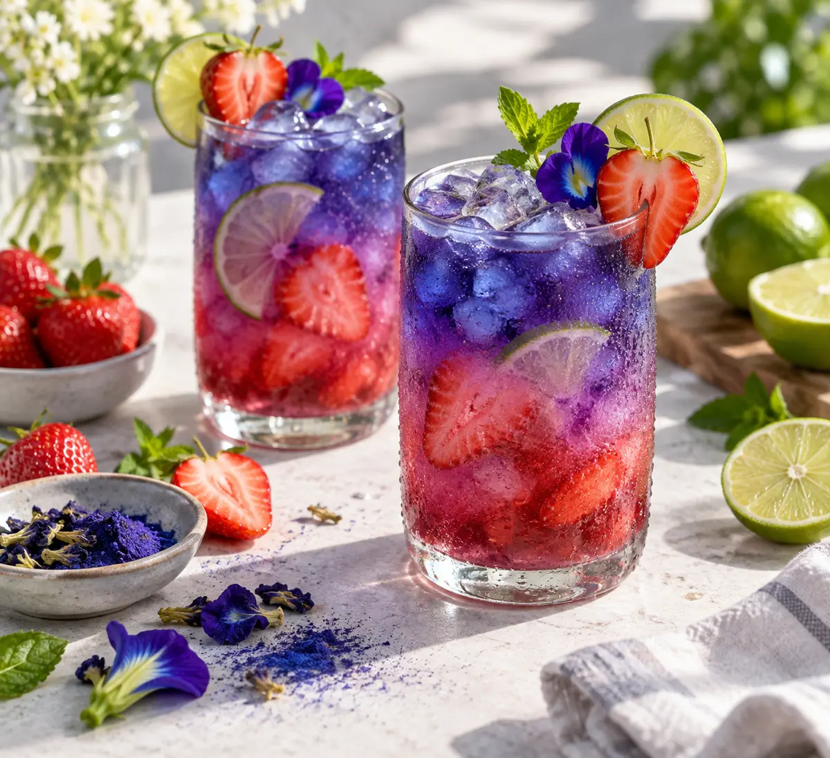 Butterfly Pea jahodový mocktail s limetkou