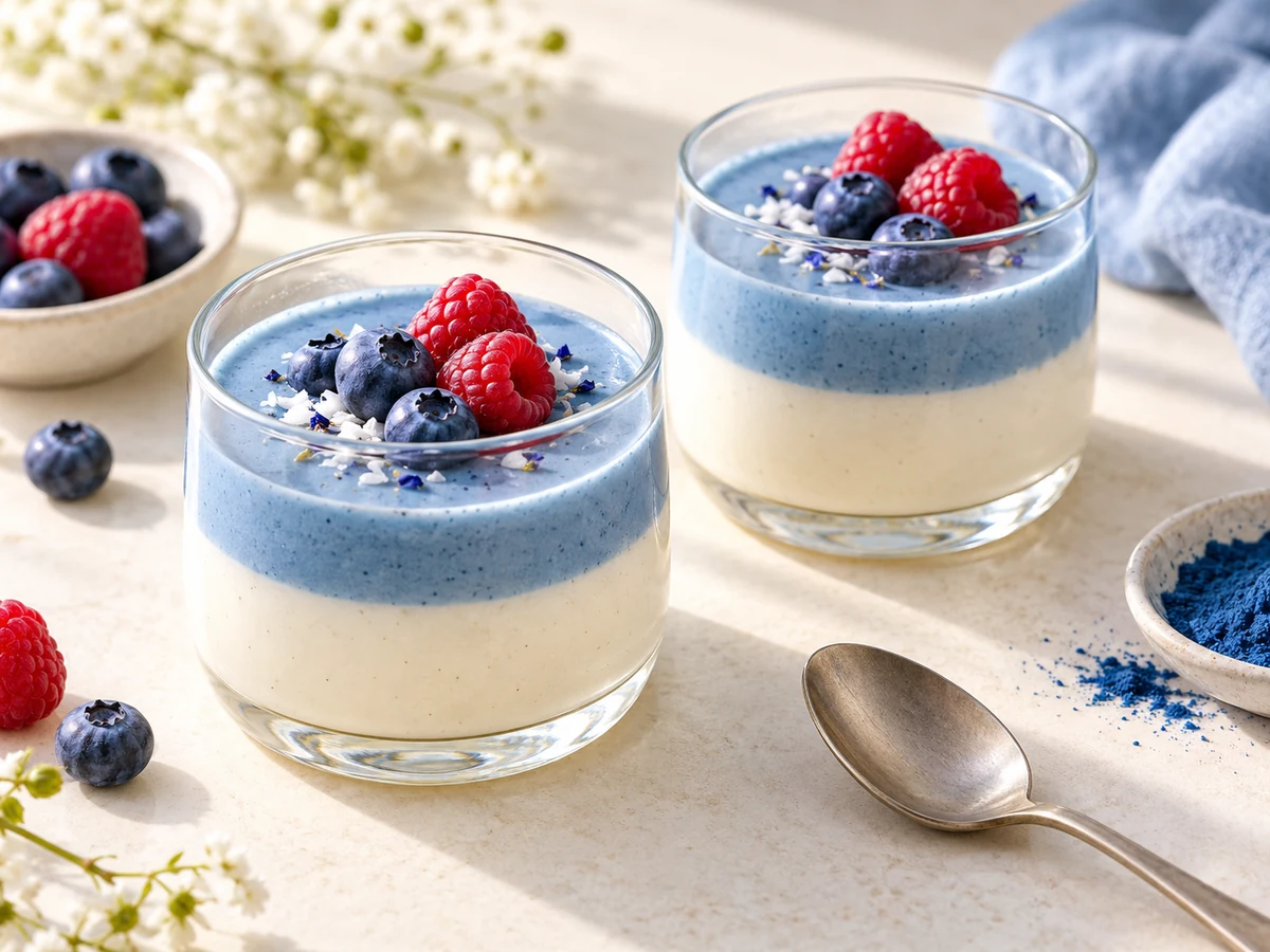 Modrá rostlinná panna cotta s Blue Spirulinou