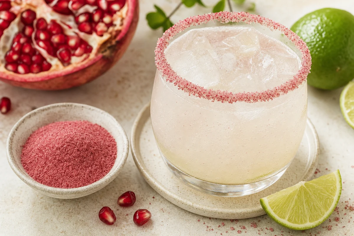 Růžový pomegranate okraj sklenice za dvě minuty
