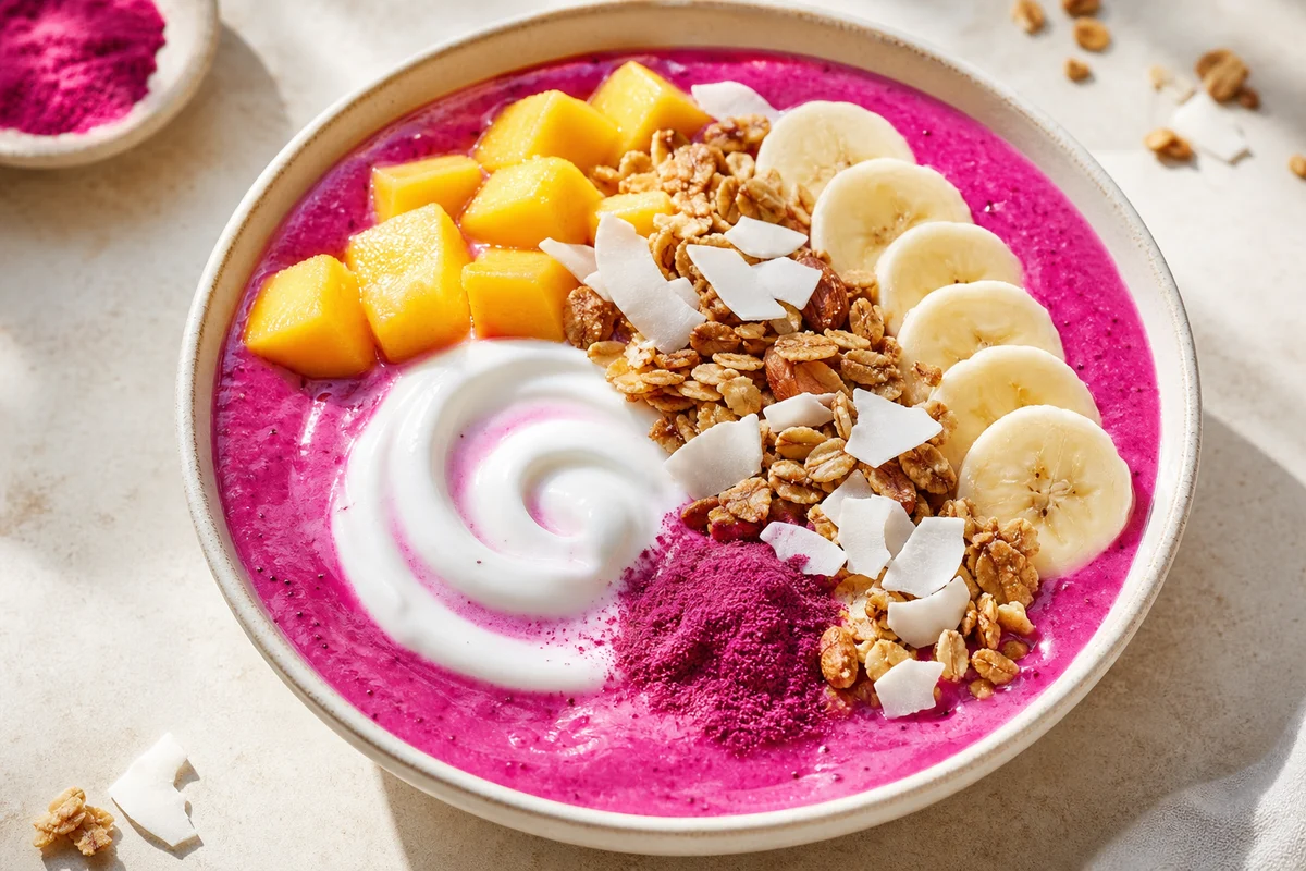 Tropická Pitaya smoothie bowl s kokosovým swirlem